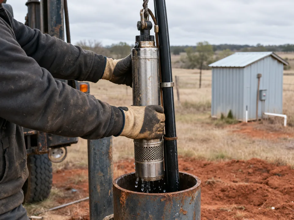 Technician pulling a submersible pump and drop pipe from a steel well casing in Parker County, TX