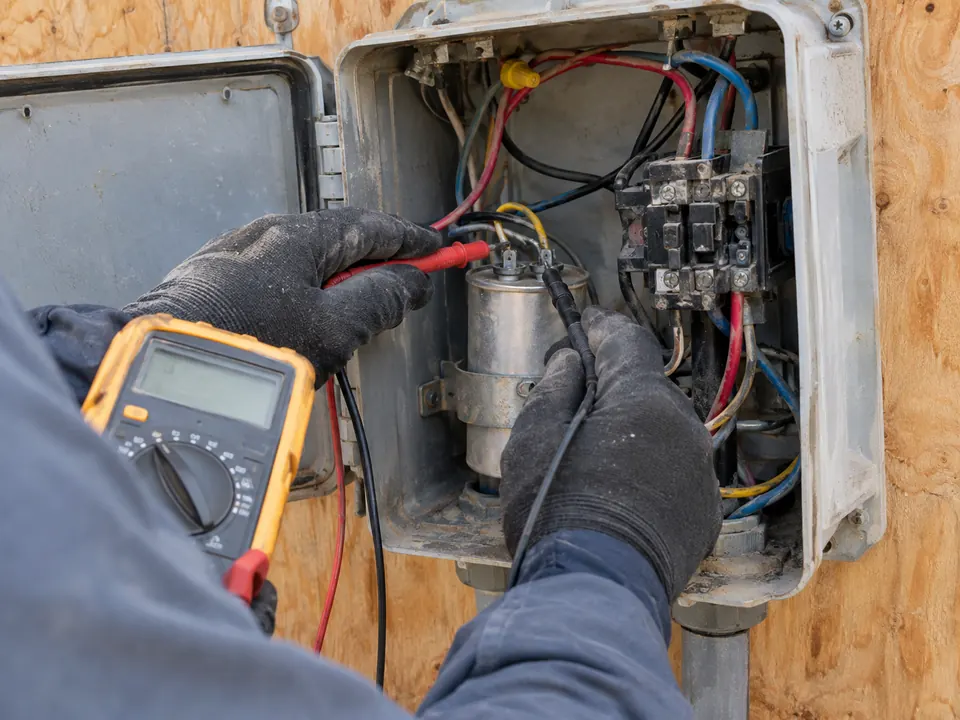 Testing the start capacitor in a submersible pump control box with a multimeter